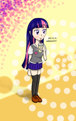 Size: 800x1280 | Tagged: safe, artist:vanillafox2035, twilight sparkle, human, clothes, cup, humanized, miniskirt, school uniform, schoolgirl, shirt, shoes, skirt, socks, soda, solo, straw, thigh highs, vest