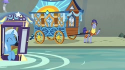 Size: 1280x720 | Tagged: safe, derpibooru import, screencap, hoo'far, trixie, pony, saddle arabian, unicorn, road to friendship, duo, female, hoo'far's wagon, male, mare, river, smiling, stallion, trixie's wagon, water