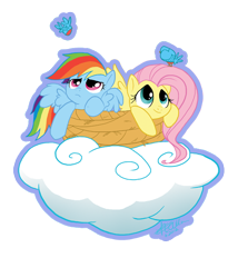 Size: 510x596 | Tagged: safe, artist:dinkelion, fluttershy, rainbow dash, bird, pegasus, pony, cloud, duo, looking at something, looking up, nest, simple background, transparent background