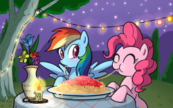 Size: 800x500 | Tagged: safe, artist:madmax, pinkie pie, rainbow dash, earth pony, pegasus, pony, female, imminent kissing, lady and the tramp, lesbian, parody, pinkiedash, shipping, spaghetti, spaghetti scene