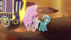 Size: 1280x720 | Tagged: safe, derpibooru import, screencap, starlight glimmer, trixie, pony, unicorn, road to friendship, barrier, duo, duo female, female, fire, fire swamp, flame geyser, magic, mare, swamp, tongue out, trixie's wagon