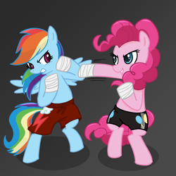 Size: 1000x1000 | Tagged: safe, artist:madmax, pinkie pie, rainbow dash, earth pony, pegasus, pony, 2010s, 2012, bandage, bipedal, blue eyes, blue fur, blue wings, boxing, boxing shorts, clothes, confident, dark grey background, determined, female, fight, gym shorts, hoof wraps, mare, martial arts, multicolored hair, multicolored mane, multicolored tail, pink eyes, pink fur, pink mane, pink tail, rainbow hair, rainbow tail, serious, shadow, shorts, smiling, smirk, tomboy, wings