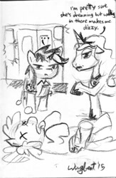 Size: 561x859 | Tagged: safe, artist:wingbeatpony, berry punch, berryshine, princess luna, oc, alicorn, pony, ambulance, dialogue, drunk, drunk bubbles, monochrome, paramedic, sketch, traditional art