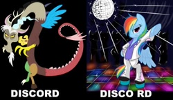 Size: 500x290 | Tagged: safe, discord, rainbow dash, draconequus, pegasus, pony, disco, disco ball, disco dance, disco rd, female, know the difference, male, mare, pun, rainbow dash always dresses in style