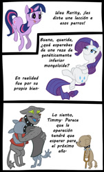 Size: 603x1000 | Tagged: safe, derpibooru import, fido, rarity, rover, twilight sparkle, diamond dog, pony, unicorn, spanish, translation