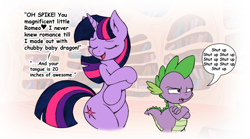 Size: 1332x741 | Tagged: safe, artist:joey darkmeat, artist:metadragonart, derpibooru import, spike, twilight sparkle, dragon, pony, unicorn, bipedal, comic sans, curvy, female, male, mare, spike is not amused, teasing, unamused, wide hips