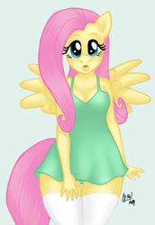 Size: 687x1000 | Tagged: safe, artist:kulli, fluttershy, anthro, clothes, dress, solo, sundress, thigh highs