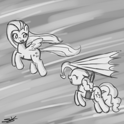 Size: 1000x1000 | Tagged: safe, artist:speccysy, fluttershy, pinkie pie, earth pony, pegasus, pony, eyes closed, flying, hang gliding, monochrome