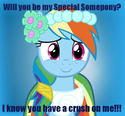 Size: 829x773 | Tagged: safe, part of a set, rainbow dash, pegasus, pony, bronybait, clothes, cute, dashabetes, dress, gala dress, heartwarming, image macro, love, meme, special somepony, valentine