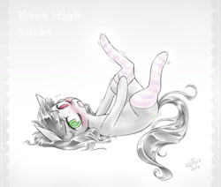 Size: 1060x899 | Tagged: safe, artist:reavz, oc, oc only, oc:blazing saddles, pony, ask blazing saddles, blushing, clothes, dressing, heterochromia, looking at you, on back, open mouth, socks, stockings, struggling, thigh highs