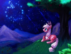 Size: 1600x1200 | Tagged: safe, artist:guttyworks, applejack, earth pony, pony, night, prone, solo, stars, tree