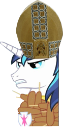 Size: 295x593 | Tagged: safe, shining armor, pony, unicorn, friendship is witchcraft, corndog, derp, francis sparkle, outfit made of corndogs, pope, wat