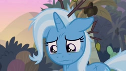 Size: 1280x720 | Tagged: safe, derpibooru import, screencap, trixie, pony, unicorn, road to friendship, bruised, crying, female, floppy ears, mare, messy mane, sad, solo, tree branch