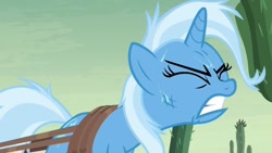 Size: 1280x720 | Tagged: safe, derpibooru import, screencap, trixie, pony, unicorn, road to friendship, eyes closed, female, gritted teeth, mare, pulling, rope, solo, sweat