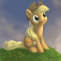 Size: 2118x2118 | Tagged: safe, artist:bluenudibranch, applejack, earth pony, pony, high res, sitting, solo