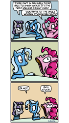 Size: 500x886 | Tagged: safe, artist:foudubulbe, derpibooru import, maud pie, pinkie pie, trixie, earth pony, pony, unicorn, comic:damp rocks, comic, faic, female, lesbian, mare, mauxie, open mouth, pinkie being pinkie, shipping, spoon, wooden spoon