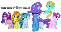 Size: 1641x864 | Tagged: safe, artist:kiowa213, artist:ninga-bob, artist:theshadowstone, artist:vector-brony, derpibooru import, adagio dazzle, aria blaze, lightning dust, sonata dusk, suri polomare, trixie, pony, unicorn, antagonist, female, hundreds of users filter this tag, mane six, mare, simple background, the dazzlings, transparent background, vector