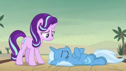 Size: 1280x720 | Tagged: safe, derpibooru import, screencap, starlight glimmer, trixie, pony, unicorn, road to friendship, duo, duo female, female, mare, on back