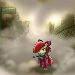 Size: 1000x1000 | Tagged: safe, artist:madmax, apple bloom, gun, konami, maria, revolver, silent hill