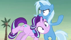 Size: 1280x720 | Tagged: safe, derpibooru import, screencap, starlight glimmer, trixie, pony, unicorn, road to friendship, coconut tree, duo, duo female, female, mare, messy mane, out of context, palm tree, tree