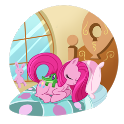 Size: 1000x1000 | Tagged: safe, artist:madmax, gummy, pinkie pie, earth pony, pony, bed, cute, cuteamena, pinkamena diane pie, sleeping