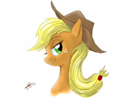 Size: 2800x2230 | Tagged: safe, artist:thedrunkcoyote, applejack, earth pony, pony, bust, high res, looking at you, portrait, profile, simple background, solo