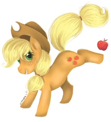 Size: 960x1055 | Tagged: safe, artist:kaphrin, applejack, earth pony, pony, apple, kick, obligatory apple, simple background, solo