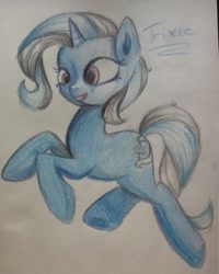 Size: 1200x1500 | Tagged: safe, artist:dinosaurkelsey, derpibooru import, trixie, pony, unicorn, female, mare, smiling, solo, traditional art