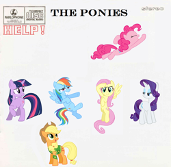 Size: 1024x1001 | Tagged: safe, artist:deistar, derpibooru import, applejack, fluttershy, pinkie pie, rainbow dash, rarity, twilight sparkle, earth pony, pegasus, pony, unicorn, album cover, help, mane six, parody, the beatles