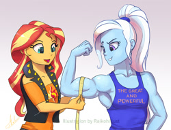 Size: 1338x1024 | Tagged: safe, artist:raikoh, derpibooru import, sunset shimmer, trixie, better together, equestria girls, armpits, bicep, clothes, commission, duo, duo female, female, fit, flexing, gradient background, grand and muscular trixie, great and powerful, measuring tape, muscles, muscular female, ponytail, signature, smiling, tanktop