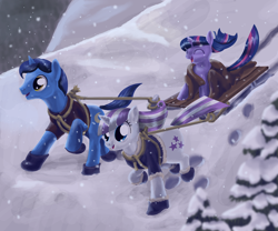 Size: 1200x1000 | Tagged: safe, artist:sessalisk, derpibooru import, night light, twilight sparkle, twilight velvet, cute, filly, filly twilight sparkle, parent, sled, sledge, snow, snowfall, twiabetes, winter