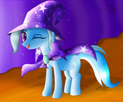 Size: 2400x2000 | Tagged: safe, artist:mrbrunoh1, derpibooru import, trixie, pony, unicorn, female, mare, smiling, solo, stage, wink