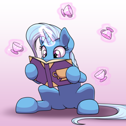 Size: 2000x2000 | Tagged: safe, artist:ohemo, derpibooru import, trixie, pony, unicorn, book, cup, cute, diatrixes, female, glowing horn, gradient background, magic, mare, reading, teacup, that pony sure does love teacups