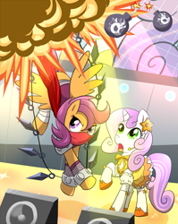 Size: 957x1200 | Tagged: safe, artist:madmax, scootaloo, sweetie belle, bombs, clothes, dress, explosion, headset, knife, kunai, ninja, older, strider, strider hiryu