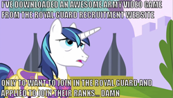 Size: 844x475 | Tagged: safe, shining armor, pony, unicorn, horn, image macro, male, royal guard, two toned mane, two toned tail, white coat