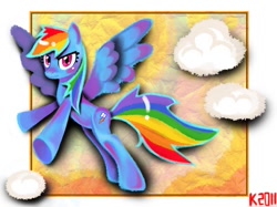 Size: 738x552 | Tagged: safe, artist:kaliptro, rainbow dash, pegasus, pony, cloud, cloudy, solo