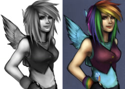 Size: 1024x724 | Tagged: safe, artist:rizcifra, rainbow dash, armpits, humanized, solo, winged humanization, wings