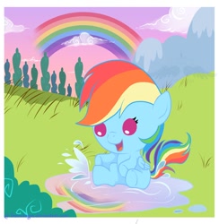 Size: 800x818 | Tagged: safe, artist:freewingss, rainbow dash, pegasus, pony, baby, baby dash, baby pony, cute, dashabetes, filly, foal, puddle, rainbow, solo