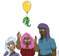 Size: 917x872 | Tagged: safe, artist:foudubulbe, derpibooru import, gummy, maud pie, pinkie pie, trixie, human, balloon, dark skin, floating, humanized