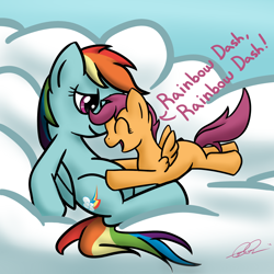 Size: 2000x2000 | Tagged: safe, artist:docbullet, rainbow dash, scootaloo, pegasus, pony, cloud, female, filly, high res, mare