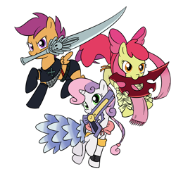 Size: 1500x1500 | Tagged: safe, artist:madmax, apple bloom, scootaloo, sweetie belle, cosplay, cutie mark crusaders, final fantasy, final fantasy x-2, gun, mouth hold, paine, parody, rikku, sword, warrior, weapon, yuna