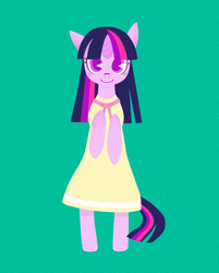 Size: 642x800 | Tagged: safe, artist:8->, derpibooru import, twilight sparkle, unicorn twilight, pony, unicorn, bipedal, birthday dress, clothes, dress, looking at you, pixiv, simple background, smiling, smiling at you, solo, standing, teal background