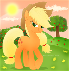 Size: 888x911 | Tagged: safe, artist:mn27, applejack, earth pony, pony, apple, solo, sun, tree