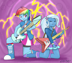 Size: 1000x876 | Tagged: safe, artist:empyu, derpibooru import, rainbow dash, trixie, equestria girls, guitar