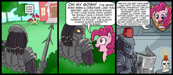 Size: 1500x656 | Tagged: safe, artist:madmax, apple bloom, pinkie pie, earth pony, pony, comic, crossover, disembodied head, grim, hunting trophy, mounted head, pi, predator (franchise), the grim adventures of billy and mandy, trophy, yautja