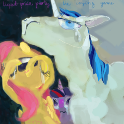 Size: 1000x1000 | Tagged: safe, artist:cygaj, fluttershy, shining armor, twilight sparkle, pegasus, pony, unicorn, crying, weird