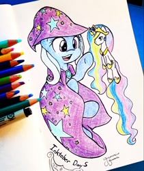 Size: 1080x1280 | Tagged: safe, artist:gummigator, derpibooru import, princess celestia, trixie, pony, unicorn, female, happy, irl, mare, photo, plushie, solo, traditional art