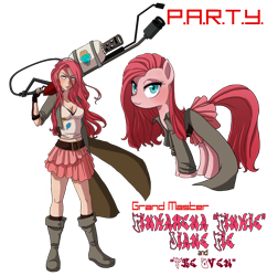 Size: 1804x1861 | Tagged: safe, artist:the-orator, pinkie pie, belly button, clothes, flamethrower, human ponidox, humanized, longcoat, p.a.r.t.y., pinkamena diane pie, weapon