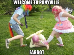 Size: 893x669 | Tagged: safe, fluttershy, pinkie pie, rainbow dash, human, .mov, abuse, barefoot, caption, converse, cosplay, feet, flutterbuse, image macro, irl, irl human, meme, photo, shed.mov, the oc, vulgar, welcome to ponyville