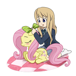 Size: 1000x1000 | Tagged: safe, artist:madmax, fluttershy, human, pegasus, pony, blushing, bow, crossover, cute, eyes closed, k-on, kotobuki tsumugi, shyabetes, simple background, transparent background